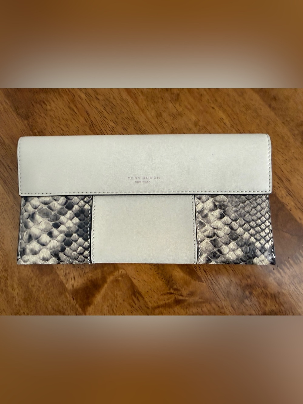 Tory Burch White Clutch with Snake-Print Panels